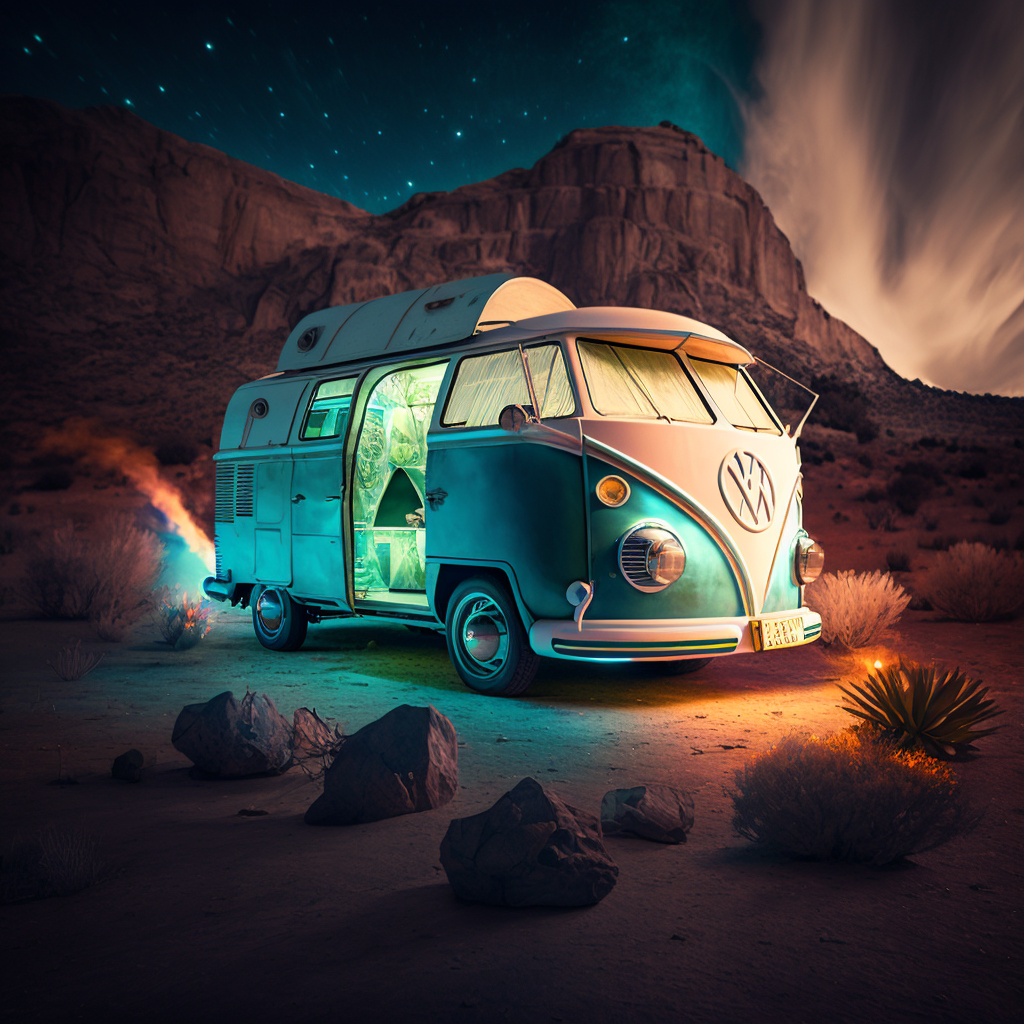 Futuristic Volkswagen Transporter Wallpaper: Camping with a Glow