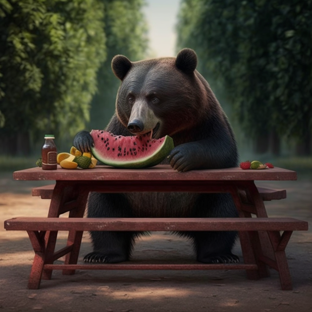 Get Your Daily Dose of Cuteness with This Adorable Wallpaper of a Bear Enjoying Watermelon at a Picnic Table