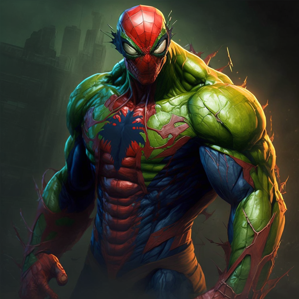 A creative illustration depicting Spiderman in a Hulk-inspired suit, combining the iconic features of both Marvel characters into a unique and powerful design.
