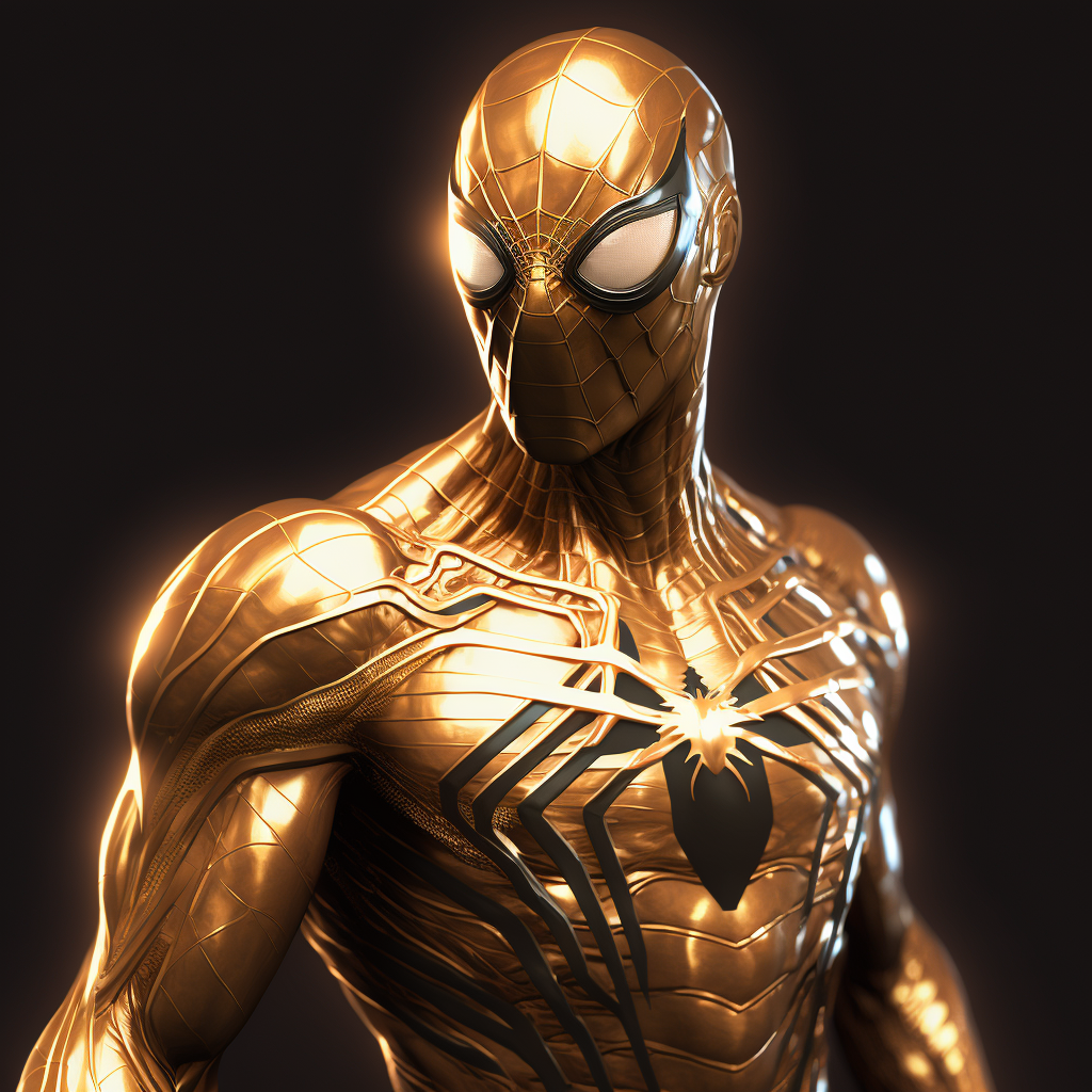 A realistic full body illustration of Spiderman in a glowing gold suit, with 8K resolution, highlighting intricate web patterns and muscle definition.