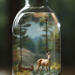 Hyper-realistic wallpaper of a miniature world enclosed in a glass bottle, showcasing intricate details of weather and animals within the captivating, magical environment