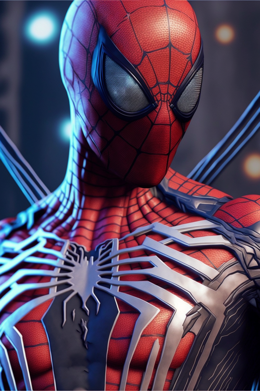 An 8K illustration of a robotic Spider-Man, showcasing intricate suit details and a dynamic pose, inspired