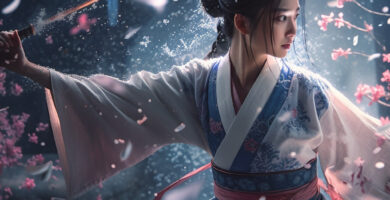 A 16-year-old Japanese girl in hanfu engaged in a swordfight amidst snow and flying petals, showcasing highly detailed, photorealistic visuals, cinematic lighting, and vibrant 8K resolution