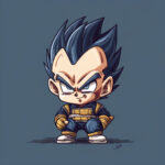 Charming illustration of Vegeta showcasing his softer side on a playful and colorful background, perfect for Dragon Ball fans seeking a cute twist.