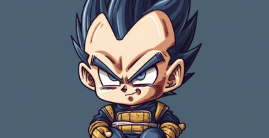Charming illustration of Vegeta showcasing his softer side on a playful and colorful background, perfect for Dragon Ball fans seeking a cute twist.