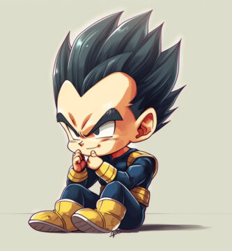 Adorable depiction of Super Vegeta blending his mighty strength with a charmingly cute design, ideal for Dragon Ball fans seeking a whimsical touch