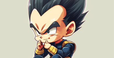 Adorable depiction of Super Vegeta blending his mighty strength with a charmingly cute design, ideal for Dragon Ball fans seeking a whimsical touch