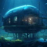 Discover the mysterious beauty of the deep sea with our captivating deep underwater wallpaper, featuring a lone capsule house in the night ocean.