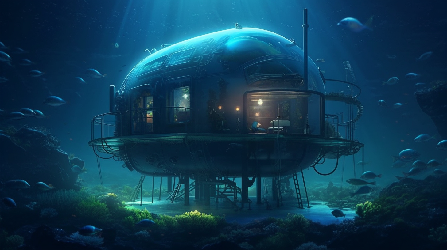 Discover the mysterious beauty of the deep sea with our captivating deep underwater wallpaper, featuring a lone capsule house in the night ocean.