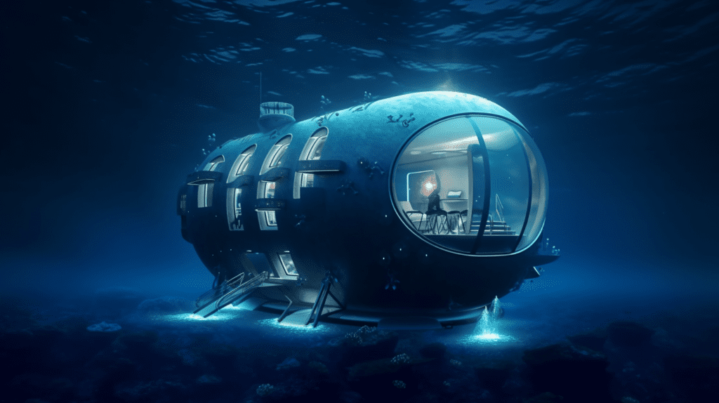Experience the wonder of a capsule house in the deep ocean at night with our captivating deep underwater wallpaper.