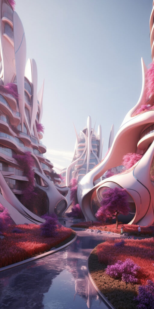 A 3D rendered Unicorn Village inspired by Zaha Hadid's designs, showcasing futuristic architecture with organic curves, lush surroundings, and soft, warm lighting in a 1:2 aspect ratio wallpaper