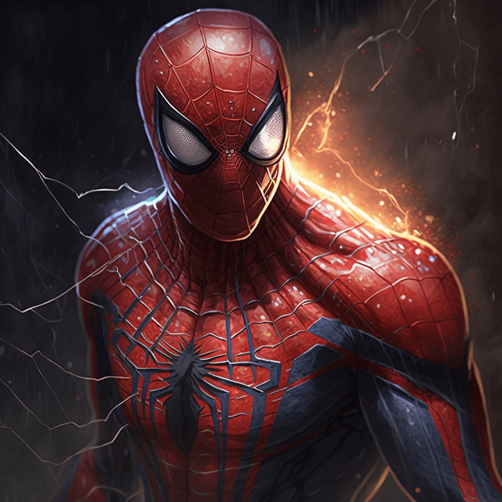 A creative illustration depicting Spiderman as a god-like figure, with ethereal elements and celestial symbols intertwined with his iconic web patterns.