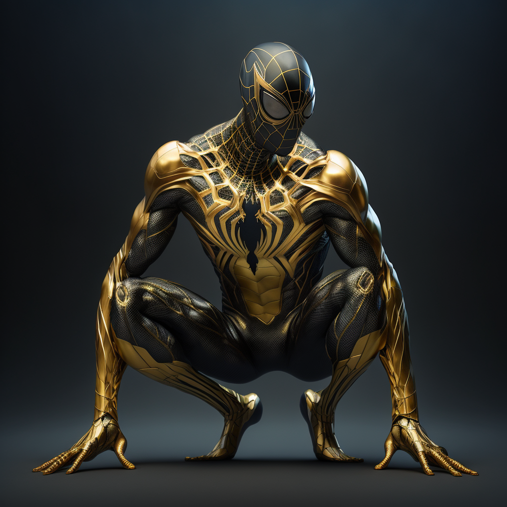 A hyper-realistic full body illustration of Spiderman in a gold and black suit, based on popular Google Images results, with high details and 8K resolution, showcasing intricate web patterns and muscle definition.