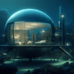 Experience the magical beauty of the deep sea with our mesmerizing wallpaper featuring a capsule house surrounded by luminescent jellyfish in the beautiful dark ocean at night