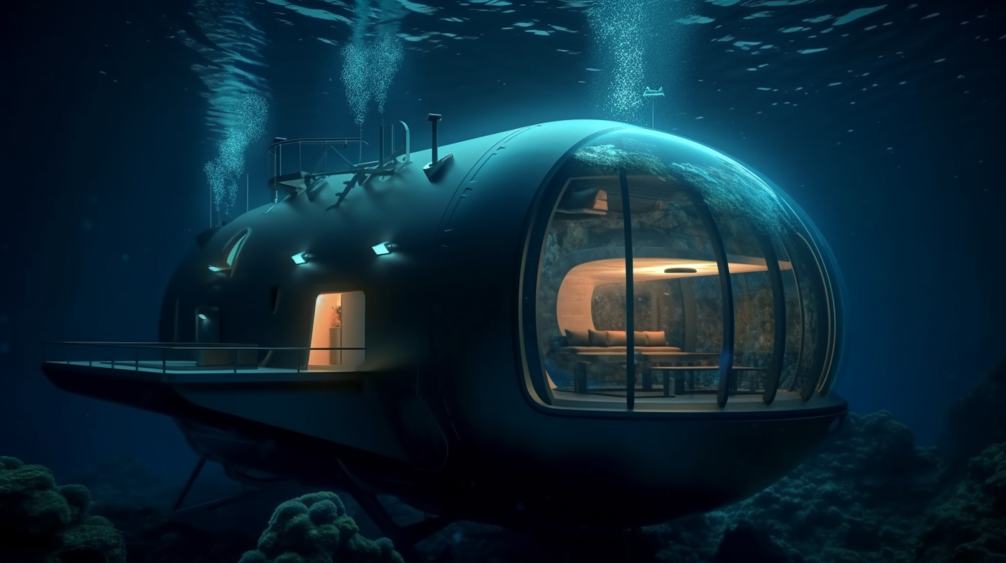 iscover the mesmerizing beauty of the deep sea with our captivating wallpaper featuring a lone capsule house in the deep underwater, surrounded by the enchanting darkness of the night ocean