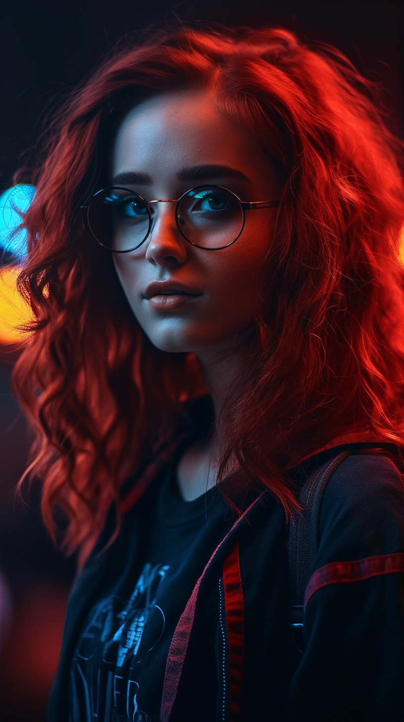 Stunning young woman with red curly hair and glasses wearing a neon black and red dress against a cyberpunk background.