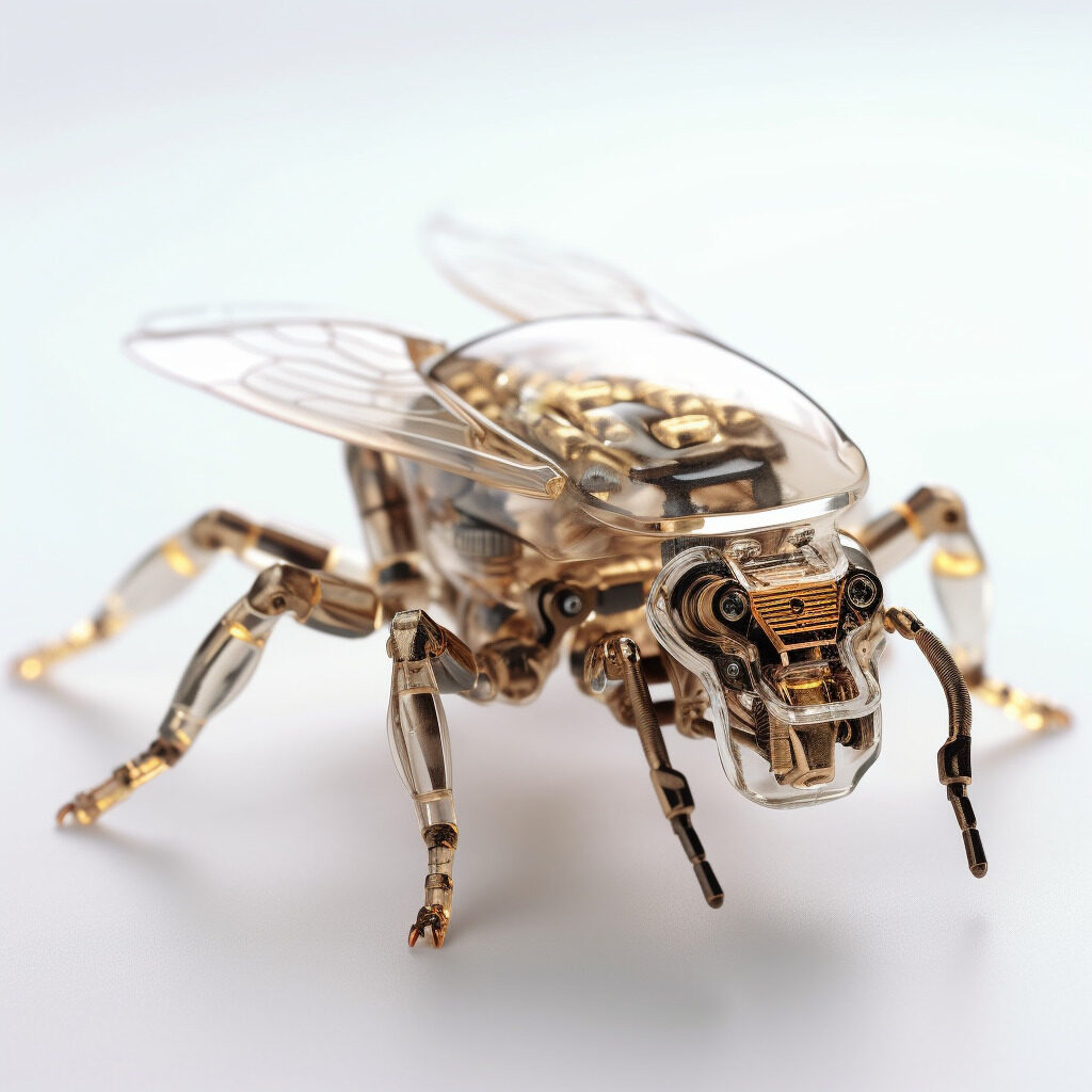 Three high-resolution product shots of transparent plastic cyborg insects, showcasing visible gold circuitry and electronic components within their innovative robotic designs