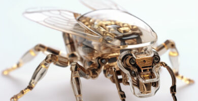 Three high-resolution product shots of transparent plastic cyborg insects, showcasing visible gold circuitry and electronic components within their innovative robotic designs