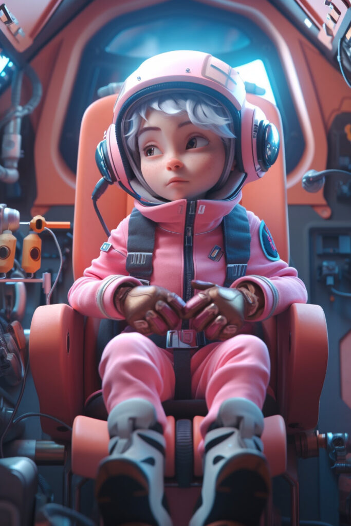 High-resolution photorealistic spacepunk girl lounging in a spacecraft cockpit, wearing vibrant futuristic clothing with chibi anime designs, showcasing an ultra-realistic render