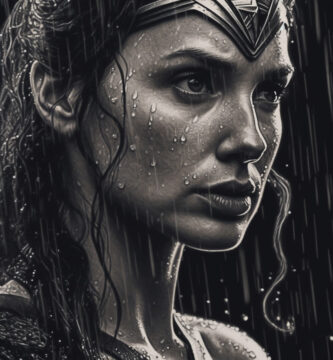 Zack Snyder's Wonder Woman in black & white chiaroscuro pencil art, showcasing intense gaze, golden armor, and wet rain-soaked scene with cinematic side lighting