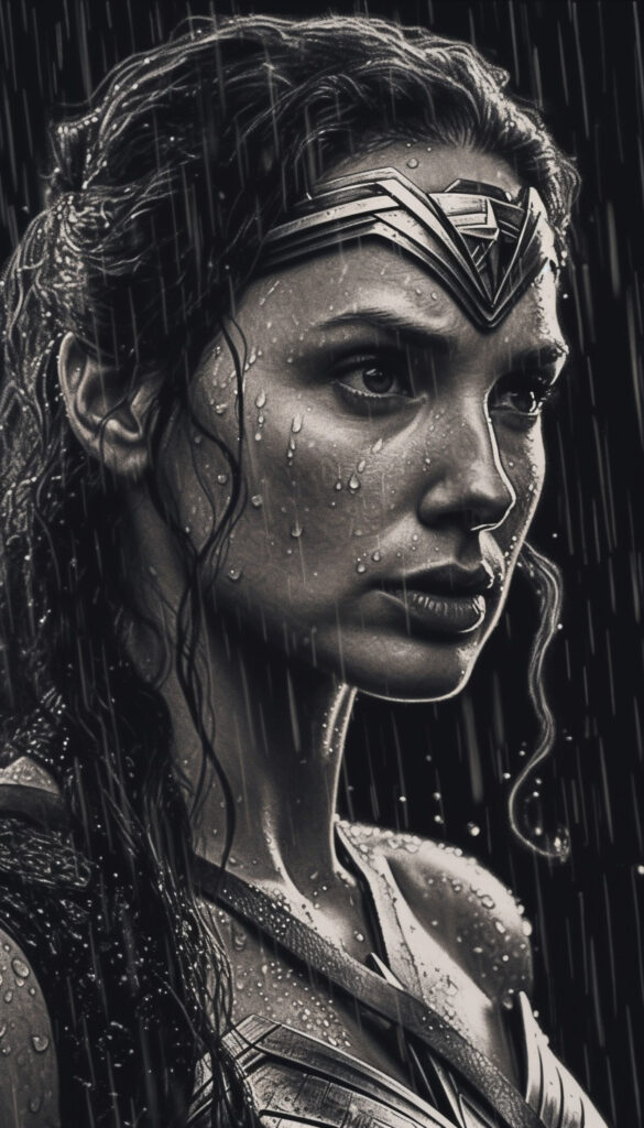 Zack Snyder's Wonder Woman in black & white chiaroscuro pencil art, showcasing intense gaze, golden armor, and wet rain-soaked scene with cinematic side lighting