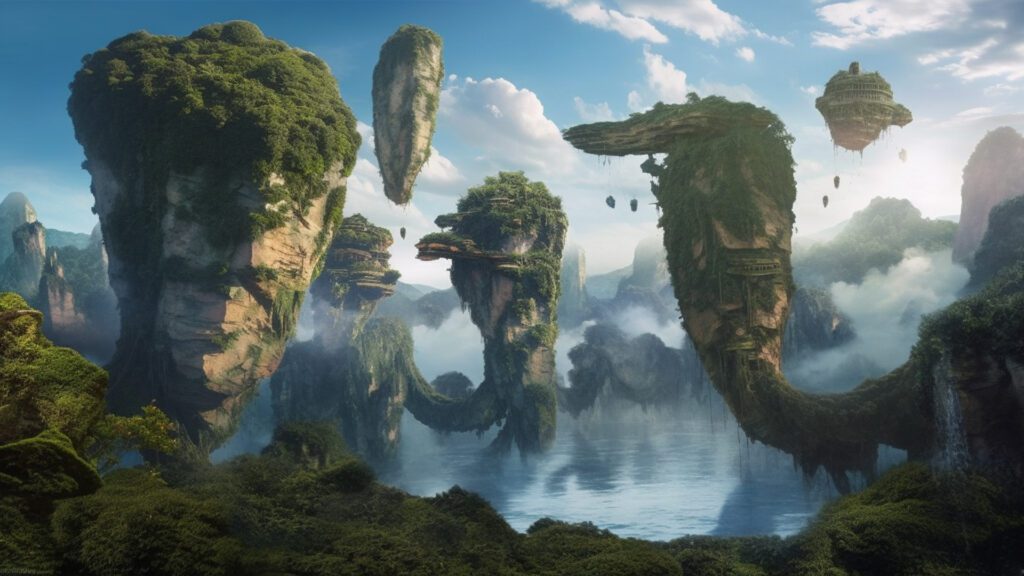 Experience the mesmerizing beauty of Pandora with our hyperrealistic floating islands wallpaper, featuring intricate details captured with the Hasselblad H6D camera in stunning 64k resolution