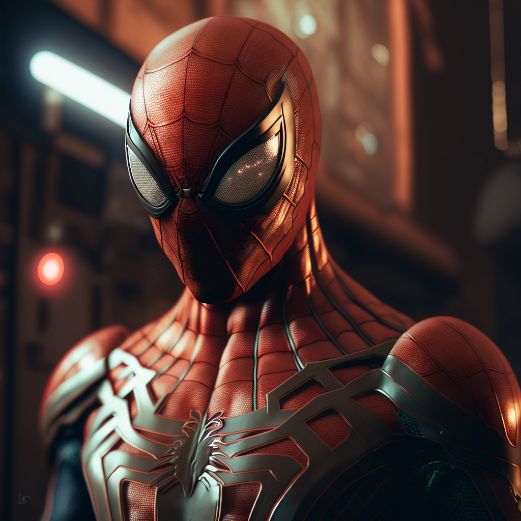 An insanely detailed and complex 32K illustration of Spiderman in a futuristic suit design, rendered using Unreal Engine and CD Projekt RED's advanced technology. The hypermaximalist style is enhanced by cinematic lighting techniques, including backlighting, fiber optics, and volumetric lighting. The use of post-processing techniques such as Cel Shading, Tone Mapping, and Chromatic Aberration creates a visually stunning and cinematic experience.