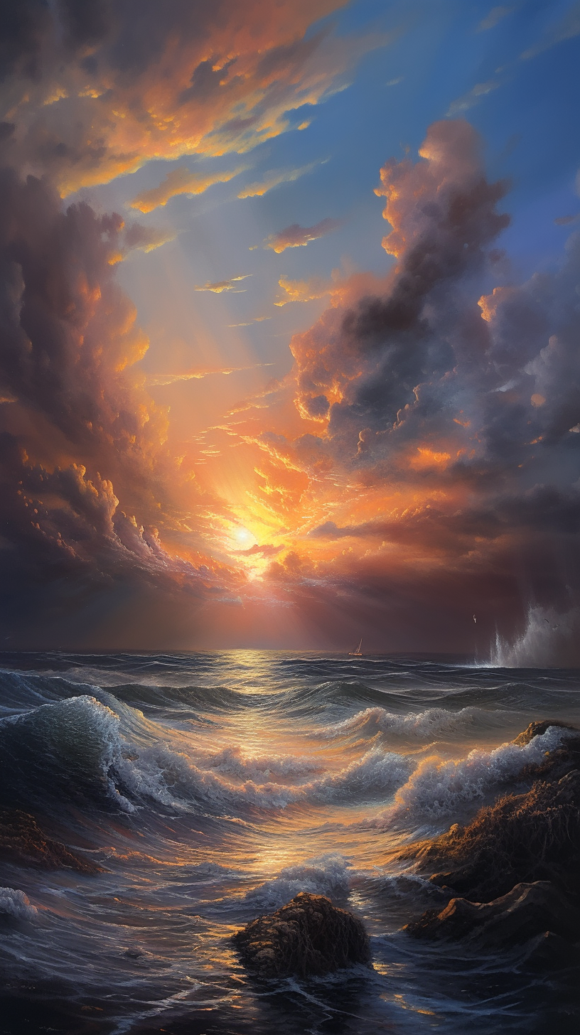 Mark Keathley's stunning photorealistic painting of cloudy sky, whirlwind, and body of water in award-winning wallpaper.