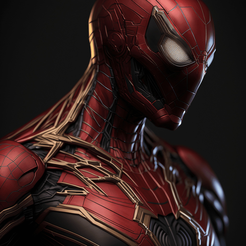 A realistic 4K illustration featuring Spiderman and Iron Man standing side by side, highlighting intricate web patterns and high-tech armor details.