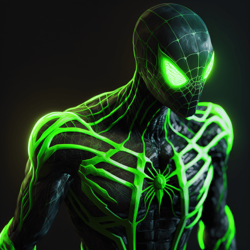 A photorealistic illustration of Spider-Man in a neon green suit, contrasting against a dark background, showcasing intricate web patterns and glowing details.