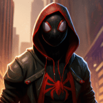 A vibrant and dynamic movie still featuring Miles Morales in his iconic suit, inspired by the visually stunning style of Into the Spider-Verse