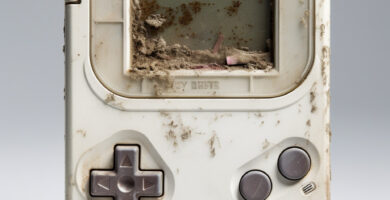 Evocative studio image of a white Game Boy, depicted as a historical artifact against a pristine white background, showcasing the vintage gaming device's wear and weathering over time