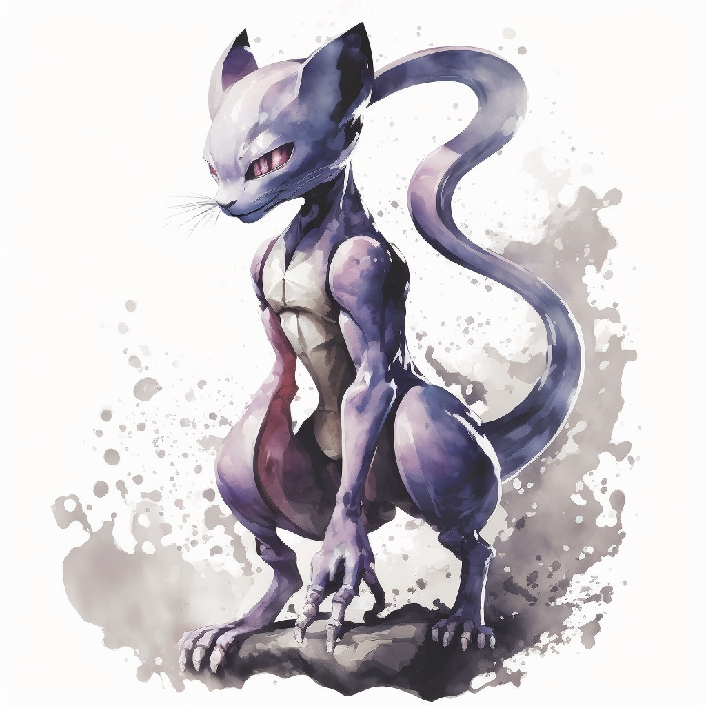 Mewtwo Watercolor Art - A Delicate and Elegant Pokémon Tribute on White Background