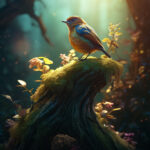 8K wallpaper of a cute little bird perched on a magical tree, showcasing detailed and enchanting beauty