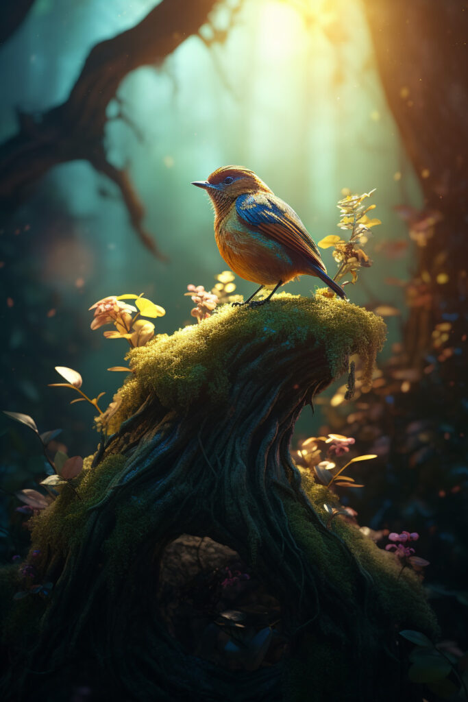 8K wallpaper of a cute little bird perched on a magical tree, showcasing detailed and enchanting beauty