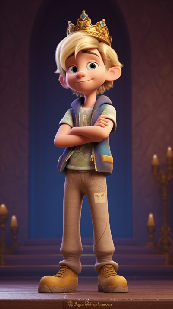 4K 3D rendered Pixar-style prince wallpaper, showcasing a handsome 18-year-old blonde with delicate features, wearing a crown, prince's dress, and sneakers, set against a soft gradient background