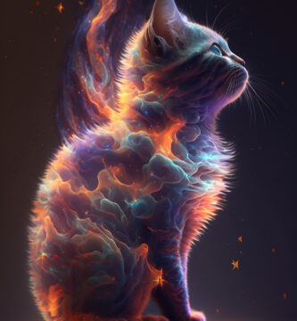 8K wallpaper of a kitten-shaped galaxy, comprising iridescent nebulae, spirals, and stars with intricate details, masterfully rendered using Octane
