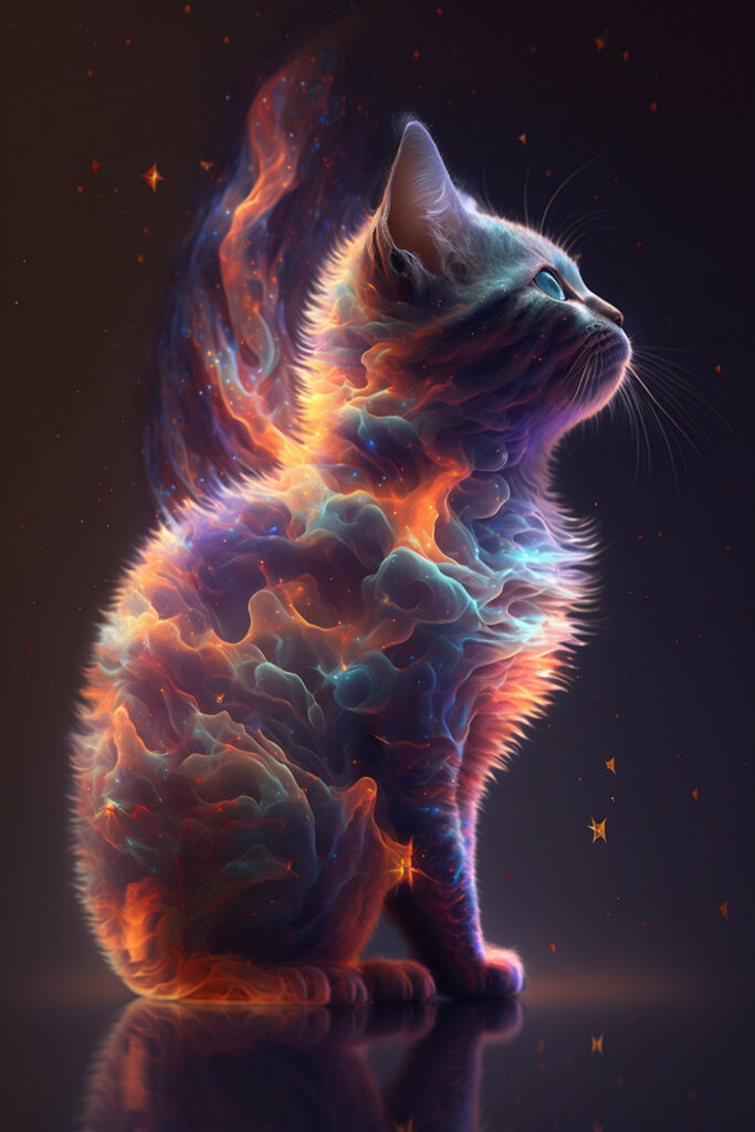 8K wallpaper of a kitten-shaped galaxy, comprising iridescent nebulae, spirals, and stars with intricate details, masterfully rendered using Octane