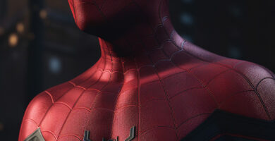 Hyper-detailed 16K wallpaper of Tom Holland's Spider-Man suit, featuring ultra-realistic visuals, cinematic lighting, and a dynamic cityscape background, enhanced with cutting-edge techniques and high-resolution textures