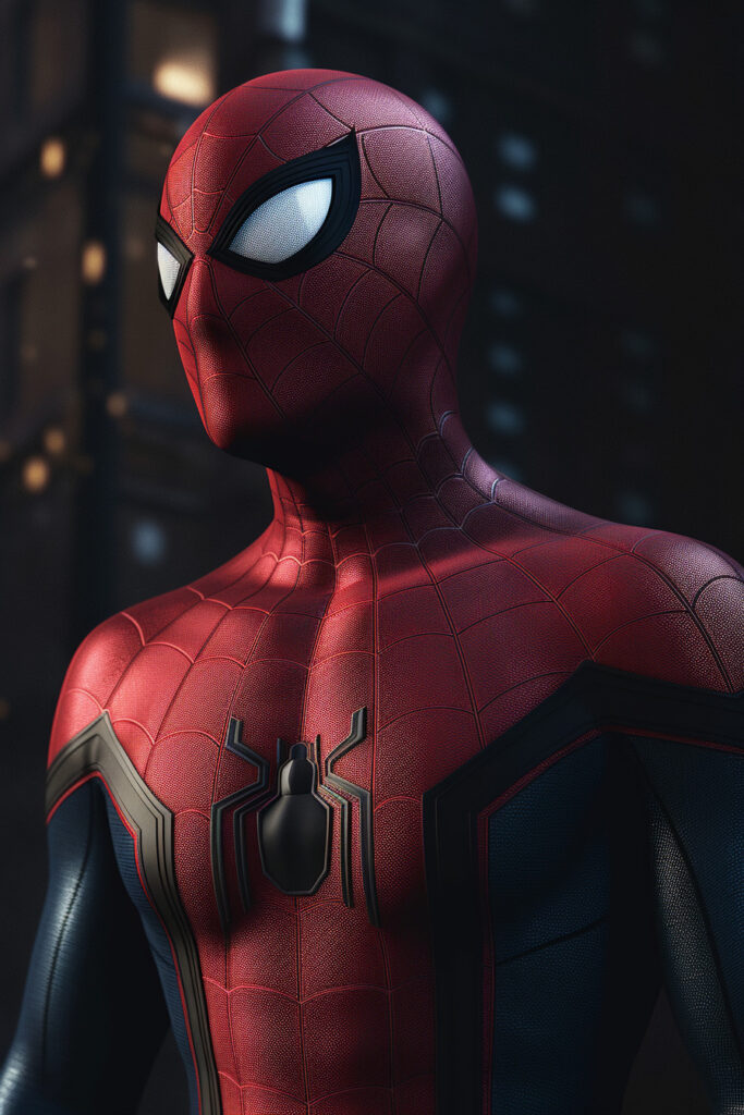 Hyper-detailed 16K wallpaper of Tom Holland's Spider-Man suit, featuring ultra-realistic visuals, cinematic lighting, and a dynamic cityscape background, enhanced with cutting-edge techniques and high-resolution textures