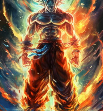 Digital art wallpaper of Goku from Dragonball Z transforming into Super Saiyan, surrounded by a fiery display and vibrant colors with chromatic highlights