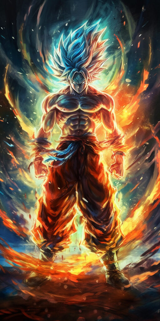 Digital art wallpaper of Goku from Dragonball Z transforming into Super Saiyan, surrounded by a fiery display and vibrant colors with chromatic highlights