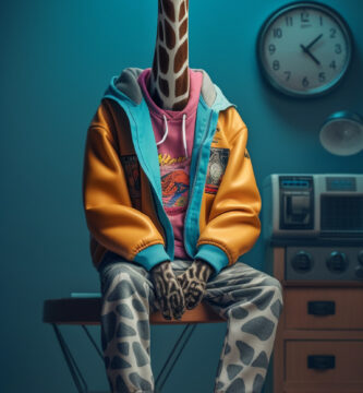 Fashion photography of a anthropomorphic giraffe dressed in large hiphop clothes from 1980s , wearing sneakers