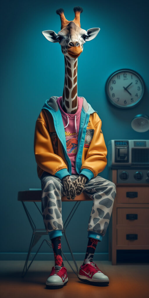 Fashion photography of a anthropomorphic giraffe dressed in large hiphop clothes from 1980s , wearing sneakers