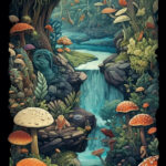 an intricate fantasy illustration in the style of richly detailed art nouveau, featuring wildlife and otherworldly creatures, botanical abundance, intricate landscapes, layered composition, layered imagery, organic biomorphic forms, naturecore, cottagepunk, 8K