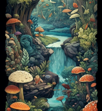 an intricate fantasy illustration in the style of richly detailed art nouveau, featuring wildlife and otherworldly creatures, botanical abundance, intricate landscapes, layered composition, layered imagery, organic biomorphic forms, naturecore, cottagepunk, 8K