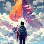 person with backpack standing on top of mountain, in the style of vibrant palette, anime art, 32k uhd, painted illustrations, high resolution