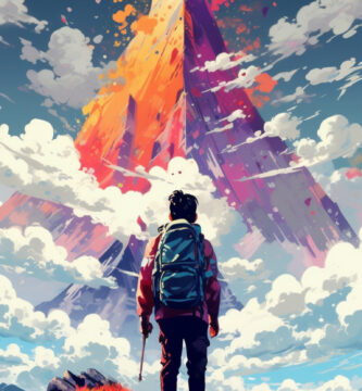 person with backpack standing on top of mountain, in the style of vibrant palette, anime art, 32k uhd, painted illustrations, high resolution