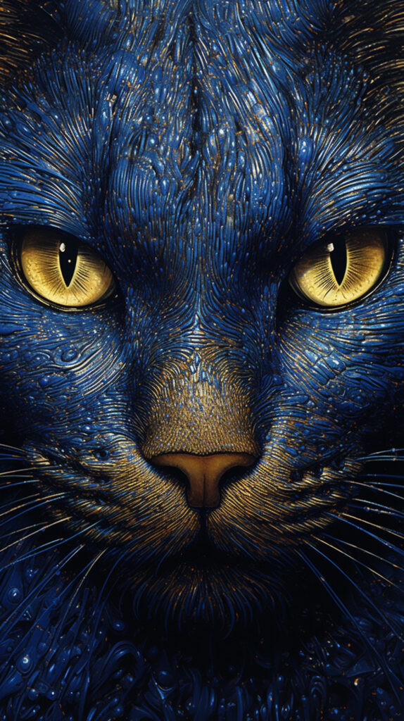 a blue cat with yellow eyes on an acrylic canvas, in the style of intricate surfaces, made of liquid metal, infinity nets, dark gold and indigo, photorealistic wildlife art, yup'ik art, algorithmic artistry