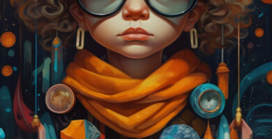 a young boy in an outfit with colorful hat and glasses, in the style of fantastical, otherworldly creatures, geometric, mixes realistic and fantastical elements, catcore, colab, graffiti-inspired animals, gloomy